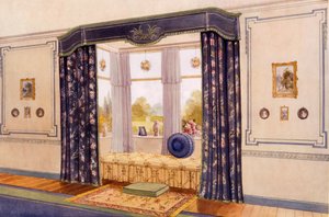 Vindusete omsluttet av luksuriøse draperier, tidlig C20th